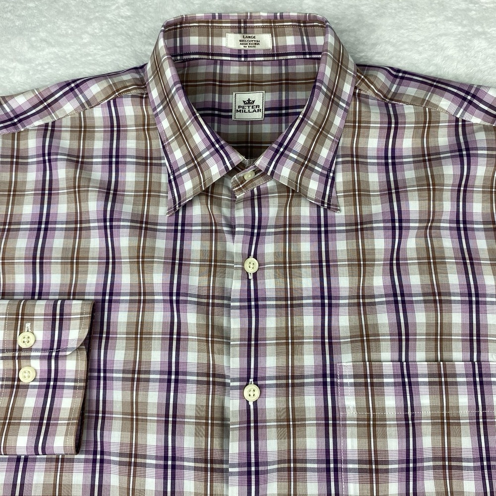 Peter Millar Shirt Mens Large Lavender/Tan Plaid Regular Fit 100% Cotton